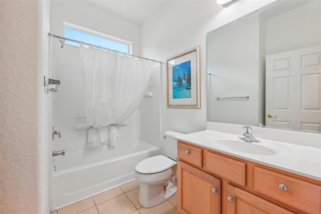 full bath with toilet, vanity, shower / tub combo with curtain, and tile patterned floors