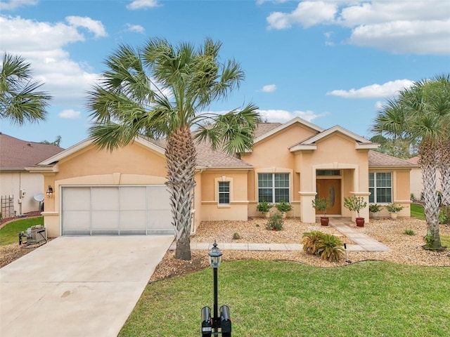 view of front of house featuring a garage, driveway, a front lawn, and stucco siding