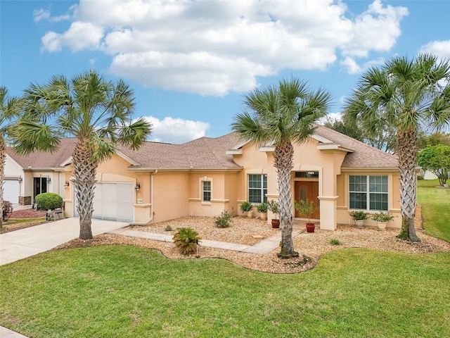 view of front facade featuring a garage, concrete driveway, roof with shingles, a front lawn, and stucco siding