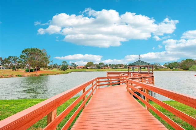 dock area with a water view and a gazebo