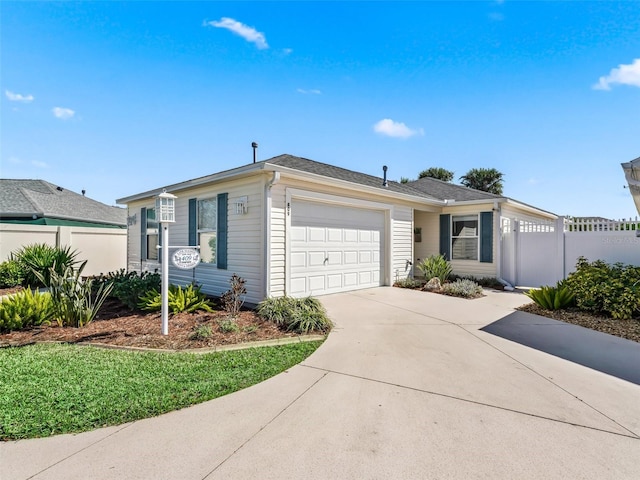 ranch-style house featuring a garage, fence, and driveway