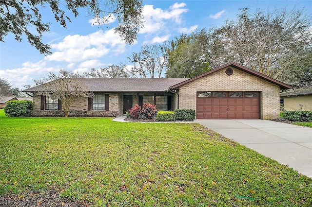 single story home featuring concrete driveway, brick siding, a front lawn, and an attached garage