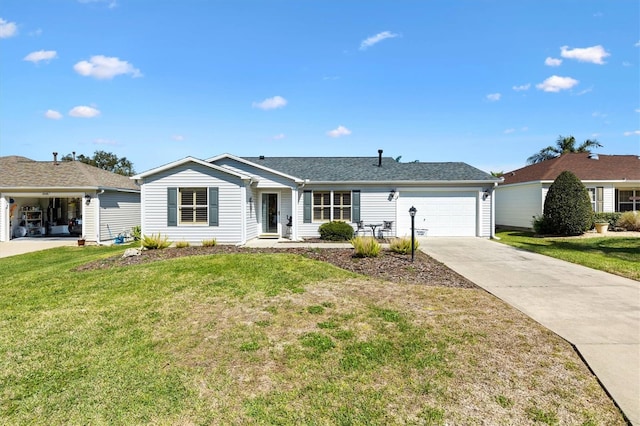 single story home featuring a garage, driveway, and a front lawn