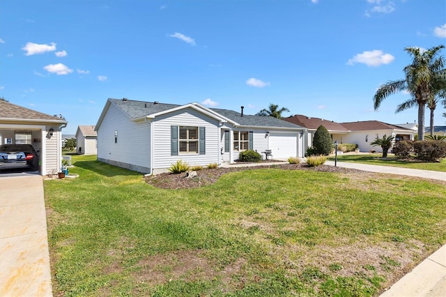 single story home featuring a garage, concrete driveway, and a front yard