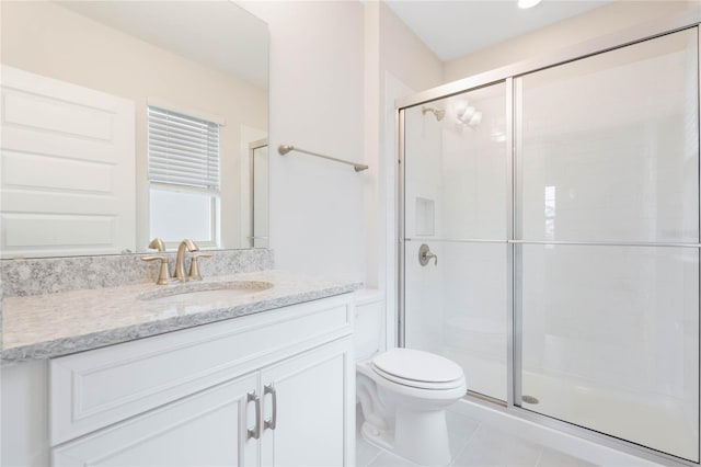 bathroom with vanity, tile patterned flooring, a shower stall, and toilet