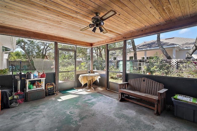 sunroom / solarium with wood ceiling and ceiling fan