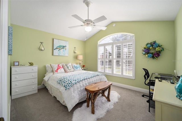 bedroom with lofted ceiling, carpet, a ceiling fan, and baseboards