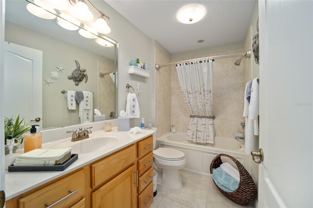 bathroom with shower / bath combination with curtain, tile patterned flooring, vanity, and toilet