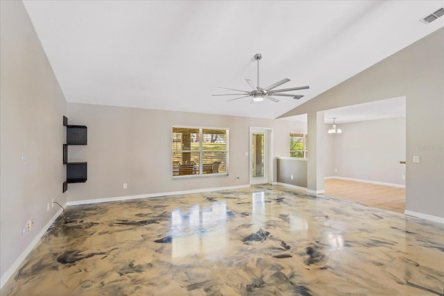 unfurnished living room featuring lofted ceiling, ceiling fan with notable chandelier, visible vents, and baseboards