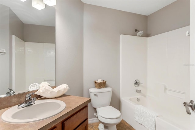 full bathroom featuring shower / washtub combination, tile patterned flooring, vanity, and toilet