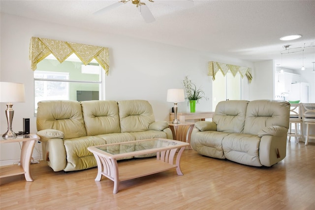 living area with a ceiling fan, light wood-type flooring, and a textured ceiling