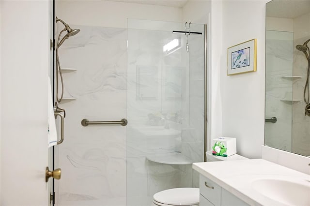 bathroom featuring a shower, toilet, and vanity