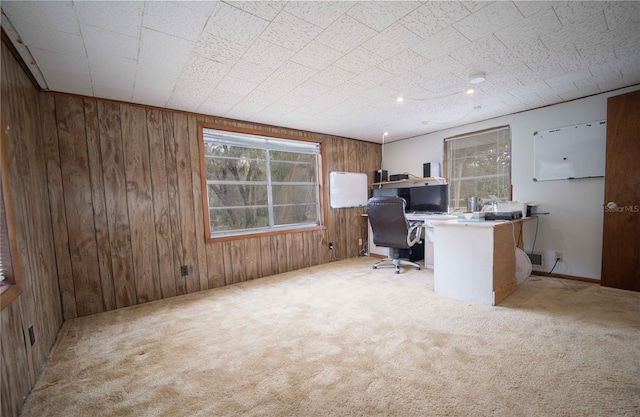 office space with carpet floors and wood walls