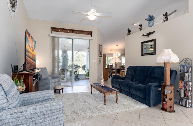 living room featuring light tile patterned floors and a ceiling fan