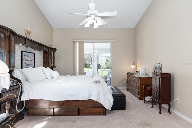 bedroom with light carpet, access to exterior, baseboards, and a ceiling fan