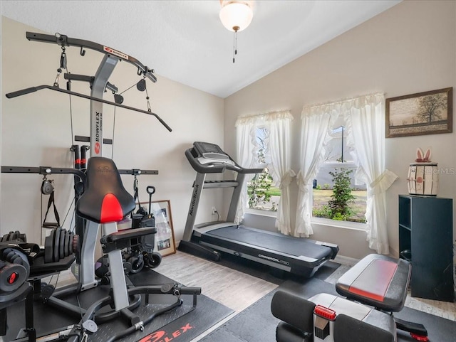 workout area with lofted ceiling, plenty of natural light, baseboards, and wood finished floors