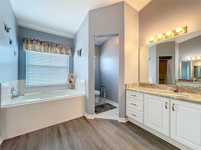 full bathroom featuring toilet, wood finished floors, vanity, baseboards, and a bath