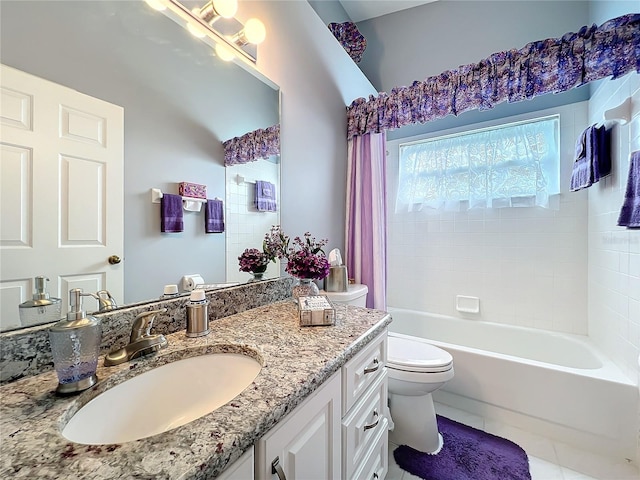 bathroom with toilet, shower / bathing tub combination, tile patterned flooring, and vanity