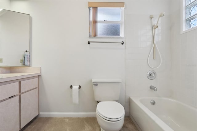 full bathroom with baseboards, shower / bath combination, vanity, and toilet