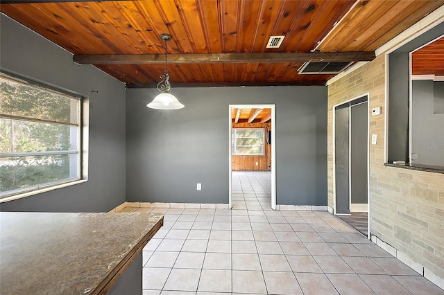 1301 N Shore Dr, Leesburg, FL 34748 - unfurnished dining area featuring wood ceiling, visible vents, beamed ceiling, and light tile patterned floors
