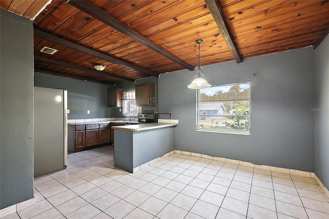 1301 N Shore Dr, Leesburg, FL 34748 - kitchen featuring visible vents, appliances with stainless steel finishes, a healthy amount of sunlight, beamed ceiling, and a peninsula