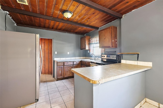 1301 N Shore Dr, Leesburg, FL 34748 - kitchen with light tile patterned floors, wood ceiling, appliances with stainless steel finishes, a peninsula, and light countertops