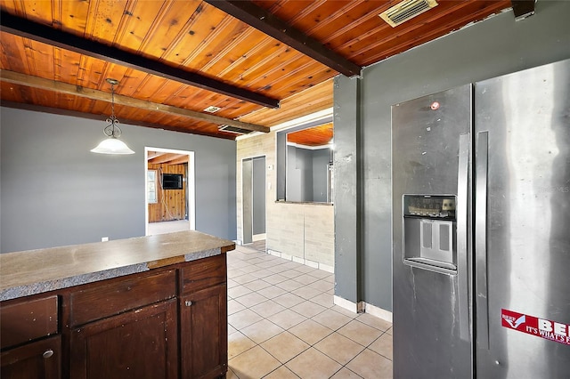 1301 N Shore Dr, Leesburg, FL 34748 - kitchen with beam ceiling, light tile patterned floors, visible vents, wood ceiling, and dark brown cabinets