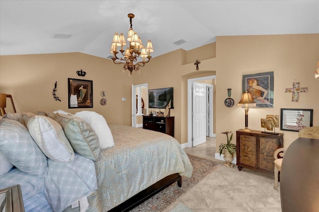 bedroom with lofted ceiling, baseboards, visible vents, and a notable chandelier