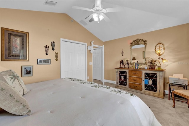 bedroom featuring vaulted ceiling, baseboards, visible vents, and a ceiling fan