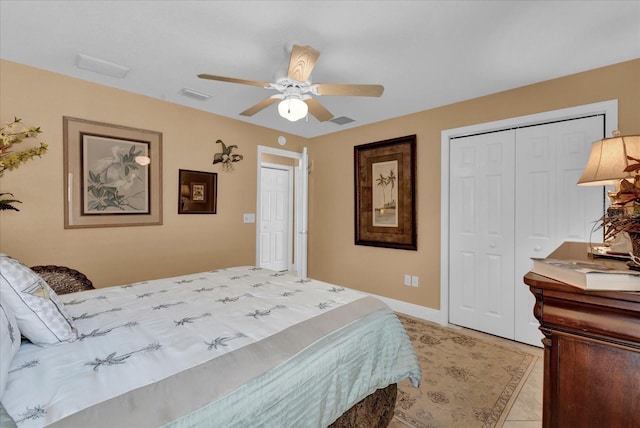 bedroom featuring baseboards, a closet, visible vents, and a ceiling fan