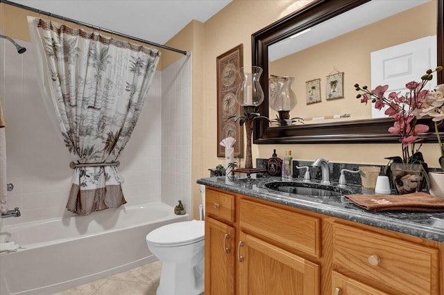 full bathroom with shower / bathtub combination with curtain, toilet, and vanity