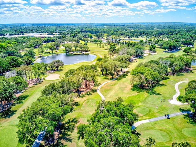 aerial view with a water view and golf course view