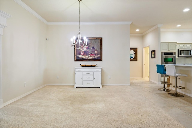 unfurnished dining area with light carpet, a notable chandelier, recessed lighting, and crown molding