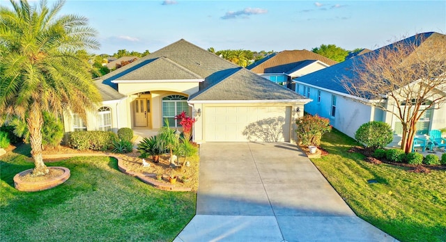 view of front of property featuring a garage, a front lawn, driveway, and a shingled roof