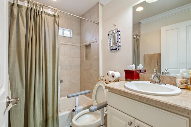 full bath featuring vanity, crown molding, shower / tub combo, and toilet