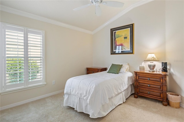 bedroom with baseboards, light carpet, ornamental molding, and vaulted ceiling