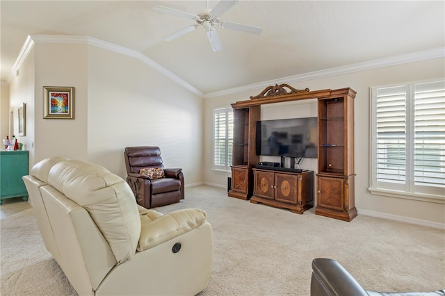 3144 Mayflower Loop, The Villages, FL 32163 - carpeted living room featuring baseboards, crown molding, a ceiling fan, and vaulted ceiling
