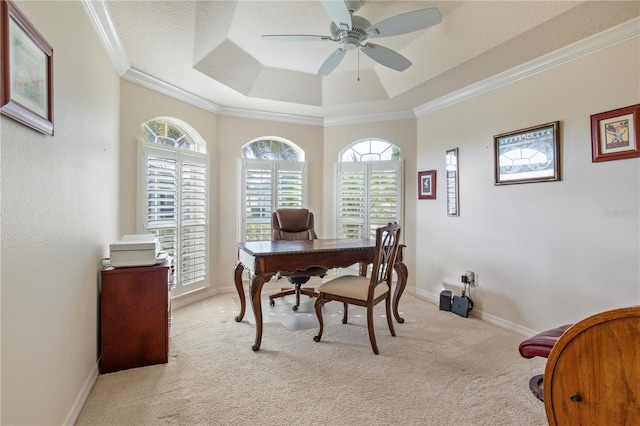 3144 Mayflower Loop, The Villages, FL 32163 - home office with light carpet, ornamental molding, a tray ceiling, baseboards, and ceiling fan