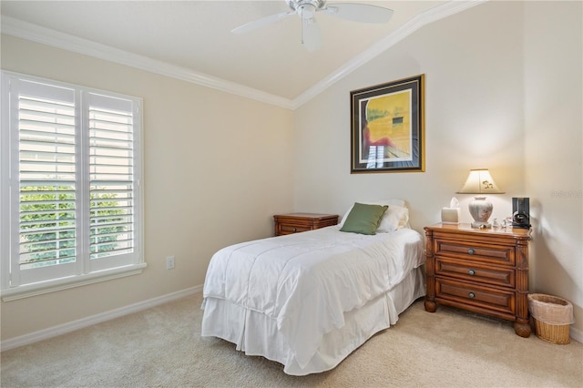 3144 Mayflower Loop, The Villages, FL 32163 - bedroom with crown molding, baseboards, light colored carpet, lofted ceiling, and a ceiling fan