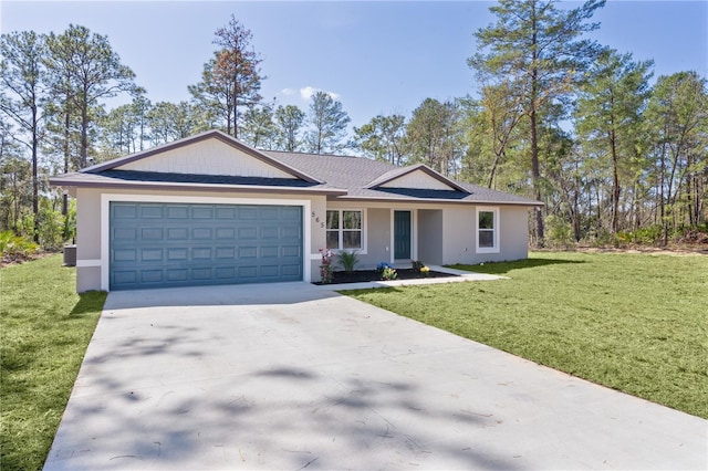 ranch-style home with a garage, a front lawn, concrete driveway, and stucco siding