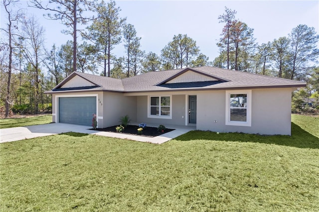 ranch-style house with a front yard, concrete driveway, an attached garage, and stucco siding