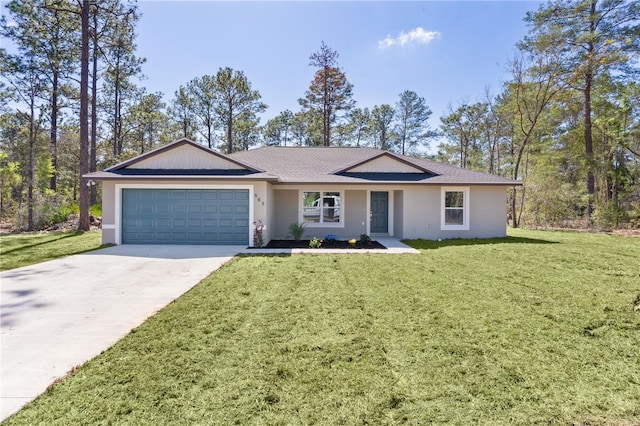 ranch-style home with a garage, a front lawn, concrete driveway, and stucco siding