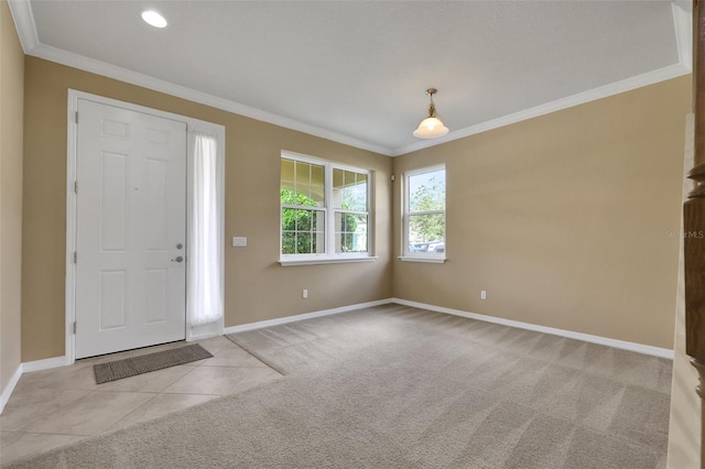 carpeted foyer entrance featuring tile patterned flooring, baseboards, and crown molding