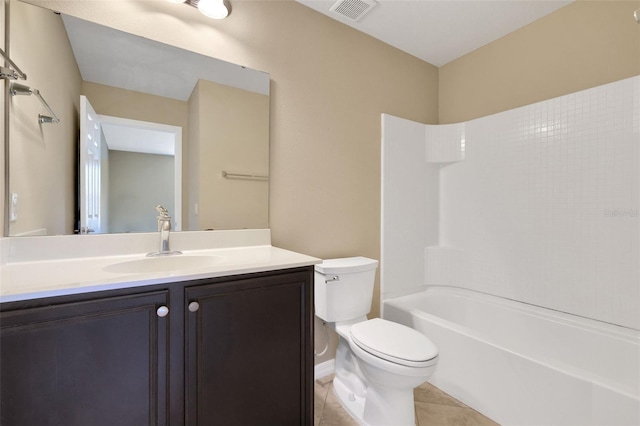 bathroom featuring visible vents, toilet, shower / tub combination, tile patterned flooring, and vanity