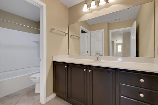 bathroom with visible vents, shower / bathing tub combination, toilet, vanity, and tile patterned flooring