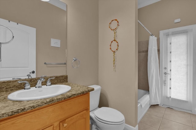 full bath featuring vanity, shower / bath combination with curtain, tile patterned flooring, and toilet