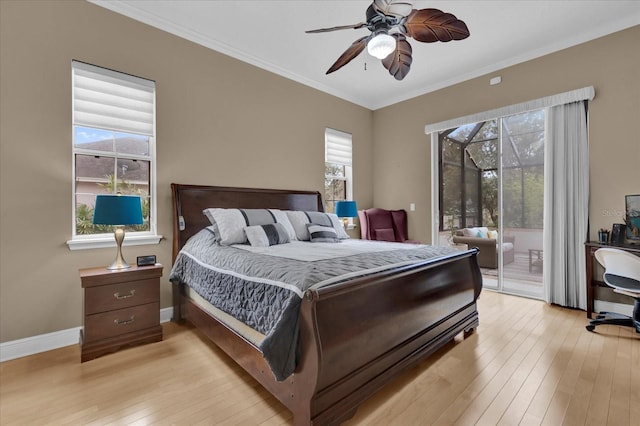 bedroom with a ceiling fan, baseboards, access to outside, light wood-type flooring, and crown molding