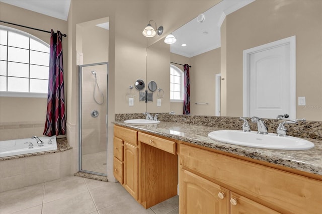 full bathroom featuring tile patterned floors, a sink, a bath, and a shower stall