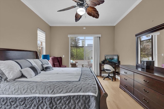 bedroom with access to exterior, ornamental molding, light wood finished floors, and a ceiling fan