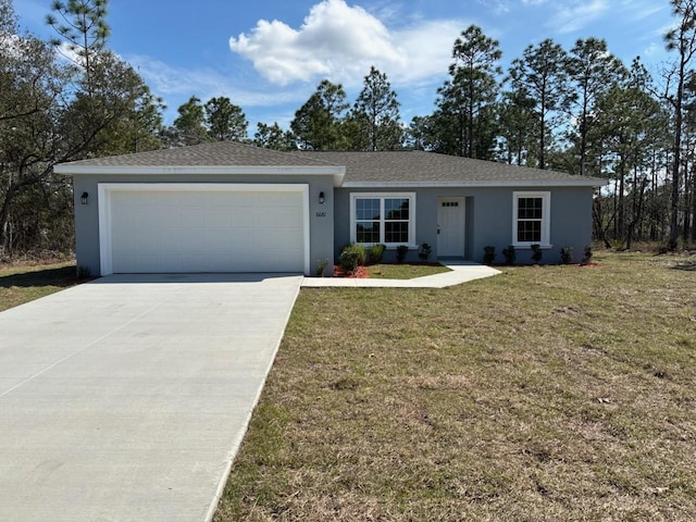 ranch-style home featuring an attached garage, concrete driveway, roof with shingles, stucco siding, and a front yard